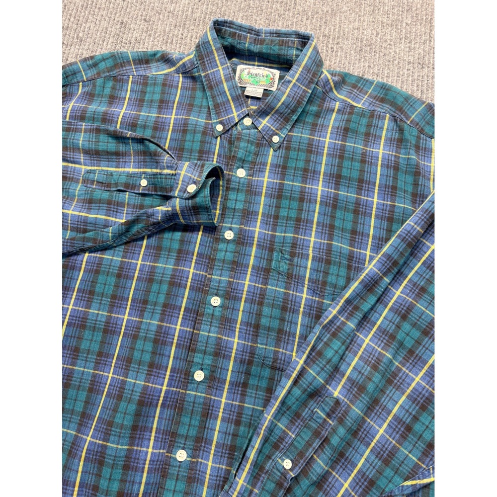 Siegfried Mens Green Blue Yellow Plaid Button Down Shirt Large Cotton